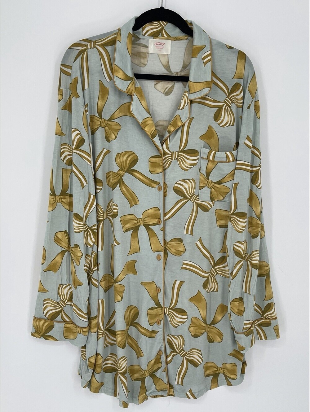In My Sundays XXL Bow Print Pajama Nightshirt Blue Gold Tencel Sleepwear
